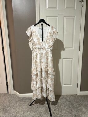 NWT J GEE Tan Toile Tiered Maxi Dress Smocked Waist L